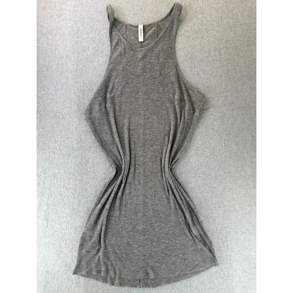 RVCA Paper Thin Long Tunic Ribbed Grey Tank Top Womens Large Raw Hem Racerback